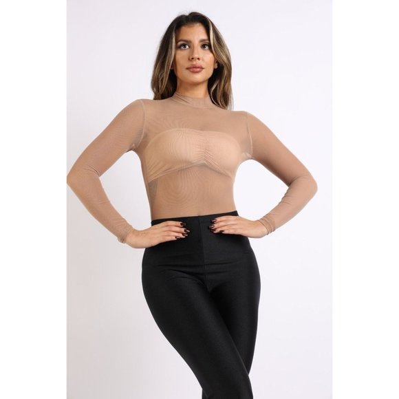 Boutique | Tops | Womens Sexy Long Sleeve Mesh Bodysuit Mock Neck Seethrough Simple Basic Top